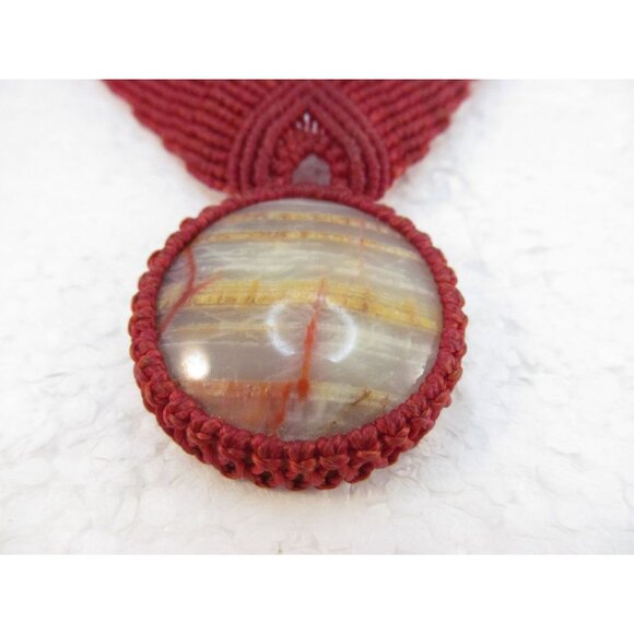 Handcrafted Burgundy Macrame Necklace with Natural Stone Pendant - Picture 10 of 11